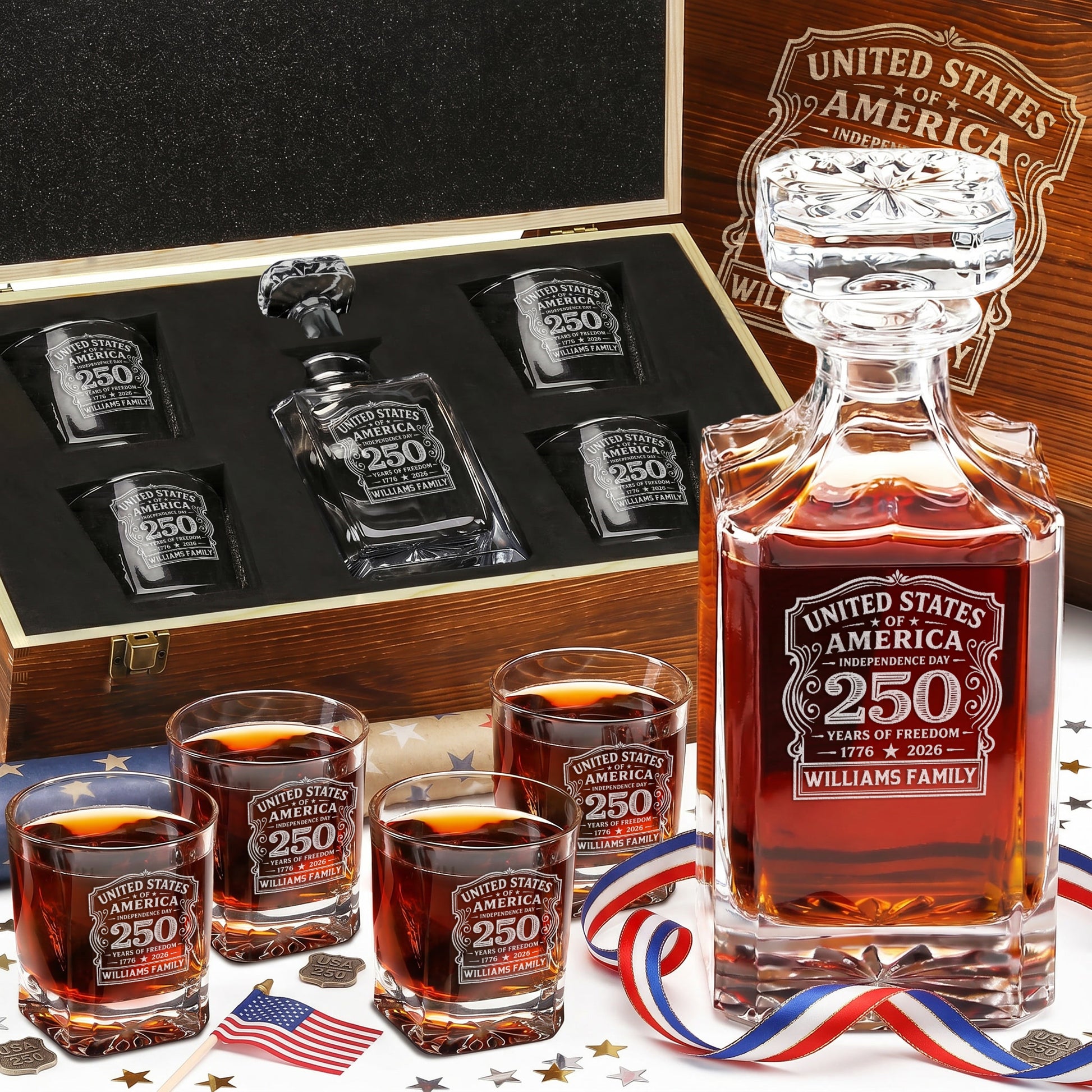 Personalized USA 250th Anniversary Classic Frolk Whiskey Gift Set — Decanter, 4 Glasses, Premium Wooden Box