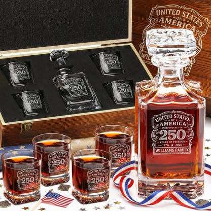 Personalized USA 250th Anniversary Classic Frolk Whiskey Gift Set — Decanter, 4 Glasses, Premium Wooden Box