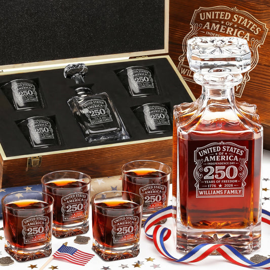 Personalized USA 250th Anniversary Classic Frolk Whiskey Gift Set — Decanter, 4 Glasses, Premium Wooden Box
