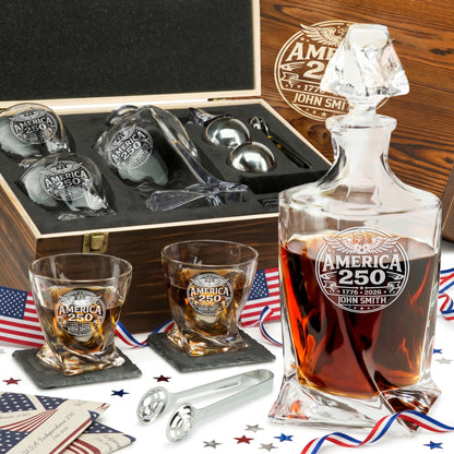 Personalized USA 250th Anniversary Twisted Frolk Whiskey Gift Set — Decanter, 2 Glasses, Premium Wooden Box