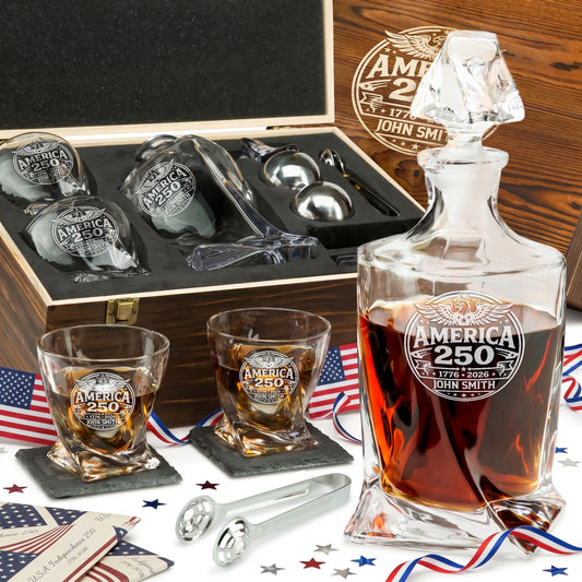 Personalized USA 250th Anniversary Twisted Frolk Whiskey Gift Set — Decanter, 2 Glasses, Premium Wooden Box