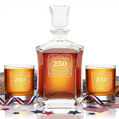 Personalized USA 250th Anniversary Old Fashioned Whiskey Decanter with Optional Matching Glasses