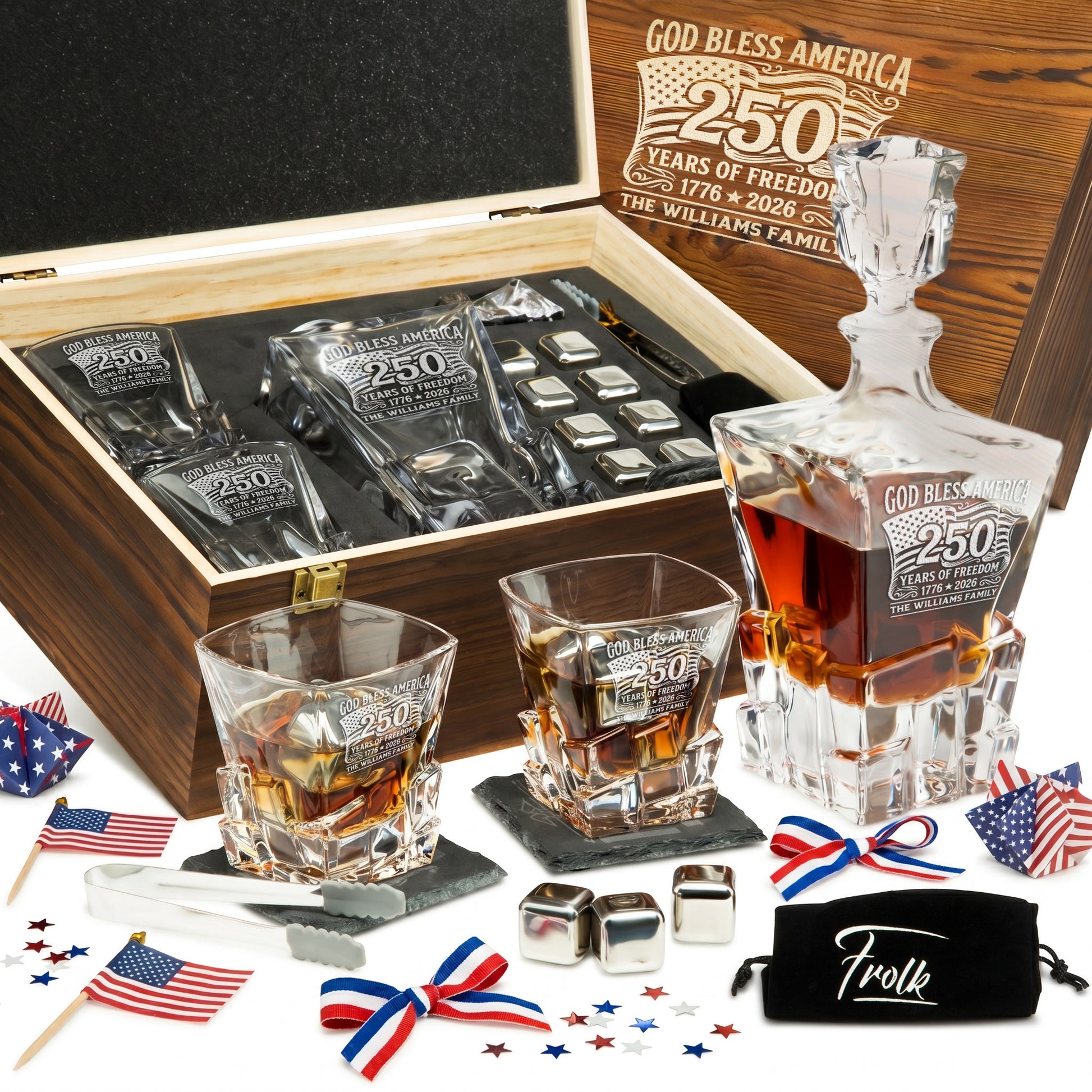 Personalized USA 250th Anniversary Stone Cut Frolk Whiskey Gift Set — Decanter, 2 Glasses, Premium Wooden Box