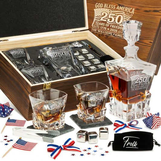 Personalized USA 250th Anniversary Stone Cut Frolk Whiskey Gift Set — Decanter, 2 Glasses, Premium Wooden Box