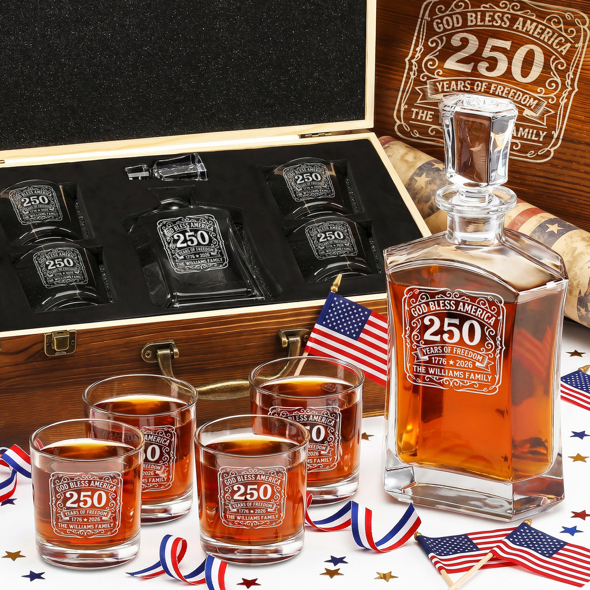 Personalized USA 250th Anniversary Old Fashioned Frolk Whiskey Gift Set — Decanter, 4 Glasses, Premium Wooden Box product image
