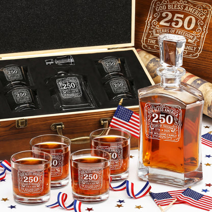 Personalized USA 250th Anniversary Old Fashioned Frolk Whiskey Gift Set — Decanter, 4 Glasses, Premium Wooden Box