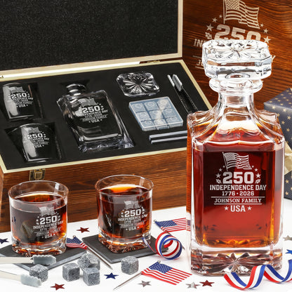 Personalized USA 250th Anniversary Classic Frolk Whiskey Gift Set — Decanter, 2 Glasses, Premium Wooden Box