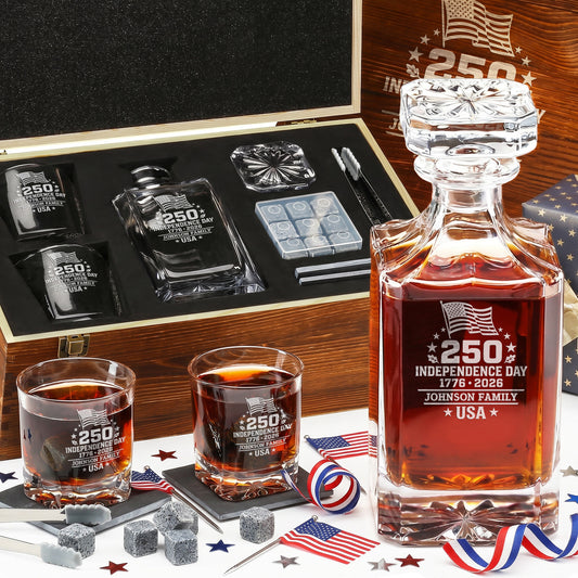 Personalized USA 250th Anniversary Classic Frolk Whiskey Gift Set — Decanter, 2 Glasses, Premium Wooden Box