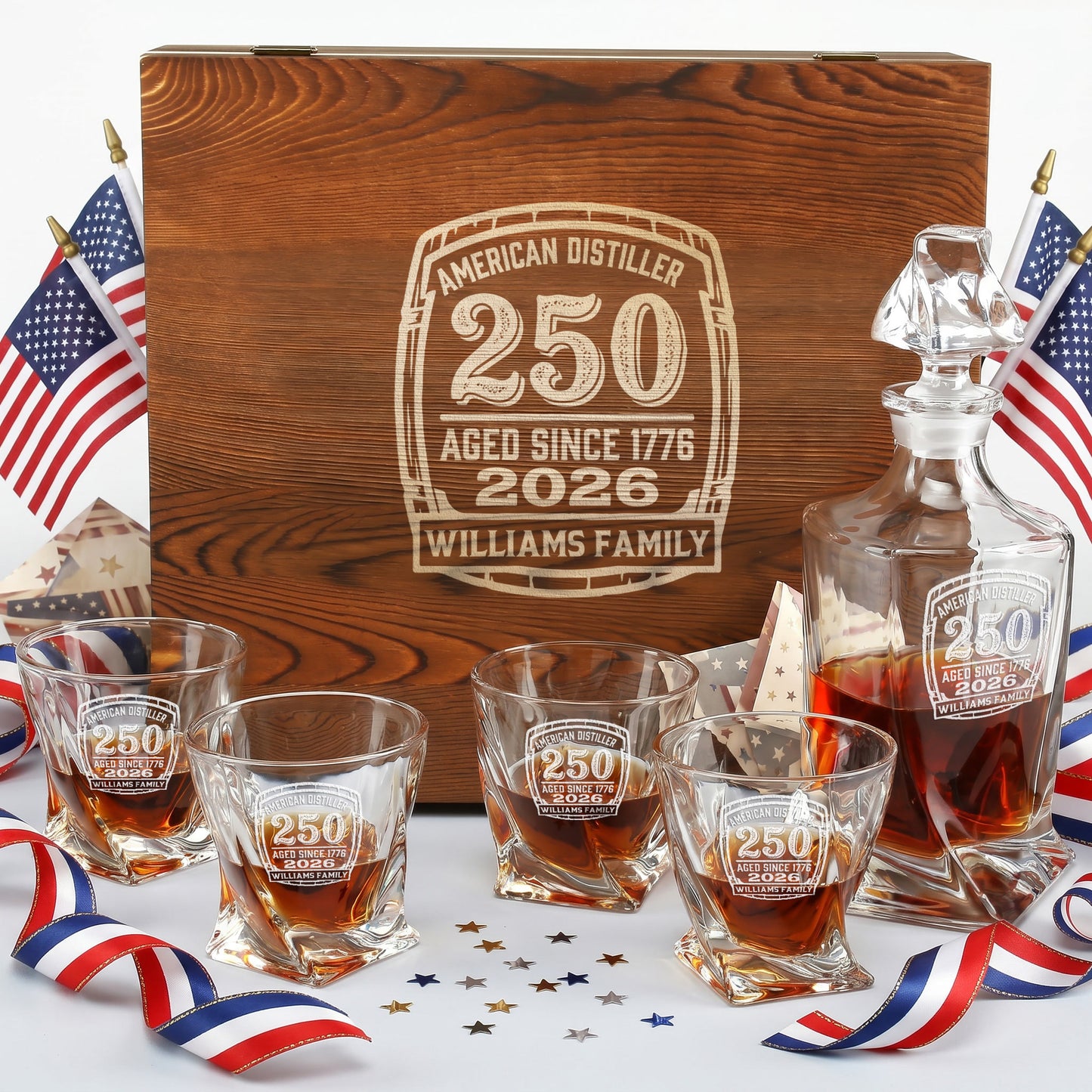 Personalized USA 250th Anniversary Twisted Frolk Whiskey Gift Set — Decanter, 4 Glasses, Premium Wooden Box product image
