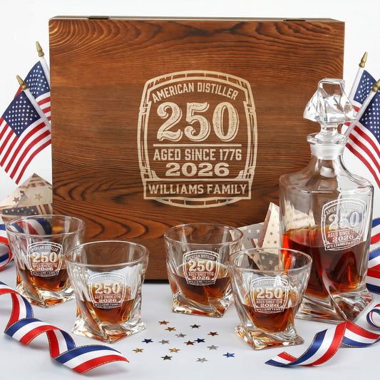 Personalized USA 250th Anniversary Twisted Frolk Whiskey Gift Set — Decanter, 4 Glasses, Premium Wooden Box