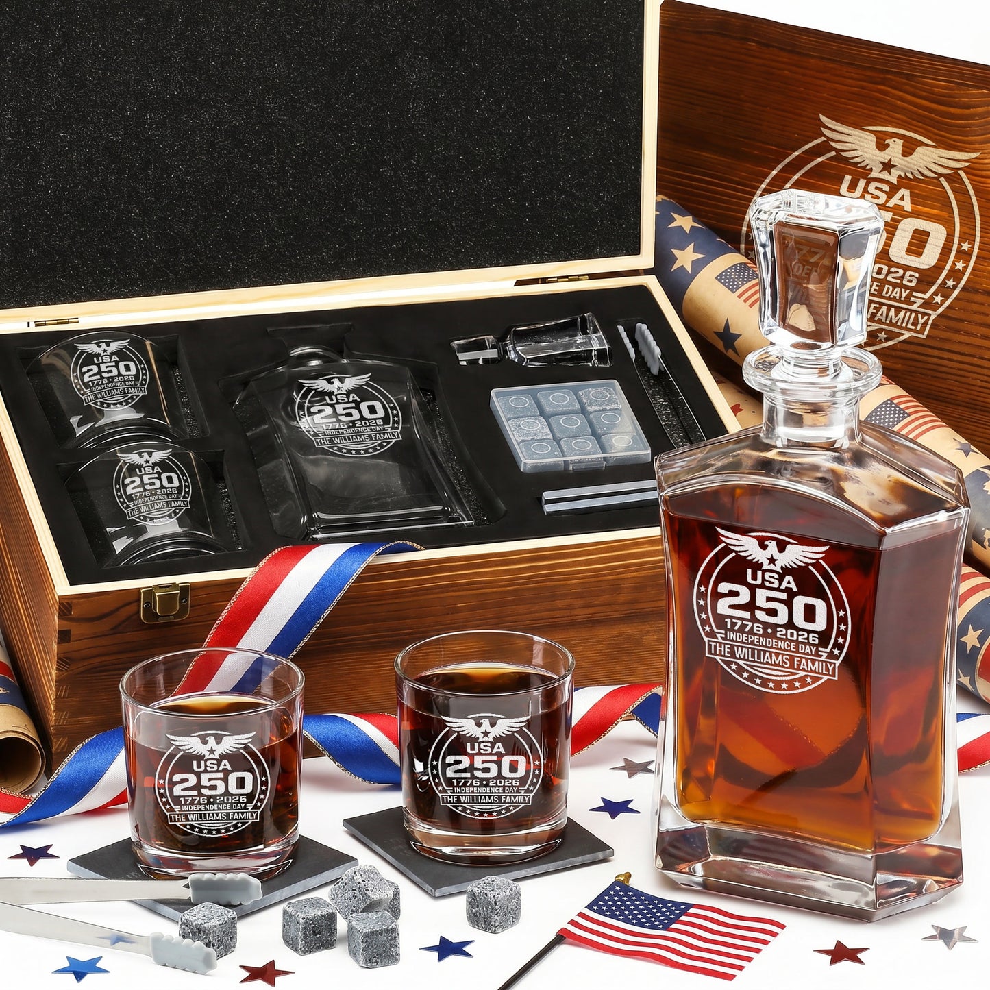 Personalized USA 250th Anniversary Old Fashioned Frolk Whiskey Gift Set — Decanter, 2 Glasses, Premium Wooden Box product image