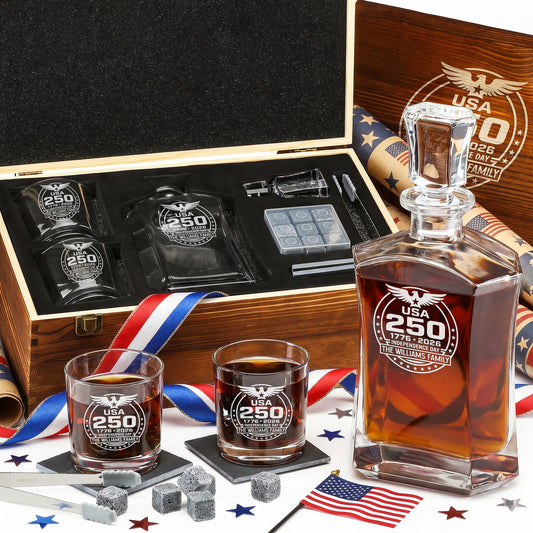 Personalized USA 250th Anniversary Old Fashioned Frolk Whiskey Gift Set — Decanter, 2 Glasses, Premium Wooden Box