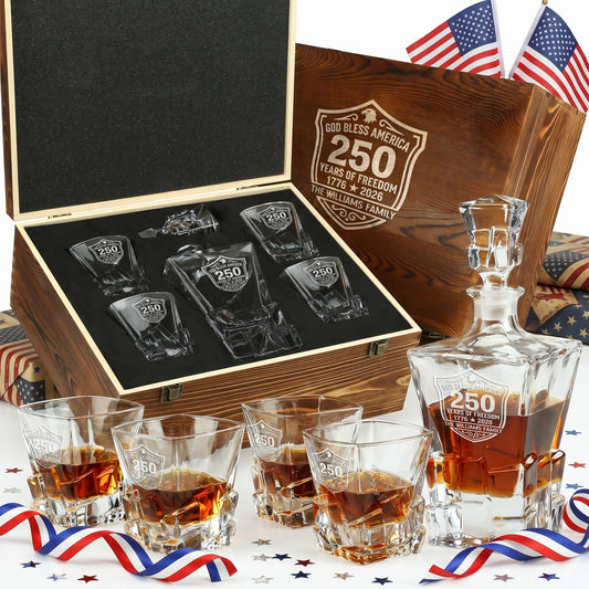 Personalized USA 250th Anniversary Stone Cut Frolk Whiskey Gift Set — Decanter, 4 Glasses, Premium Wooden Box