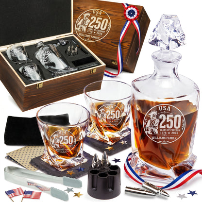 Personalized USA 250th Anniversary Twisted Frolk Whiskey Gift Set — Decanter, 2 Glasses, Premium Wooden Box