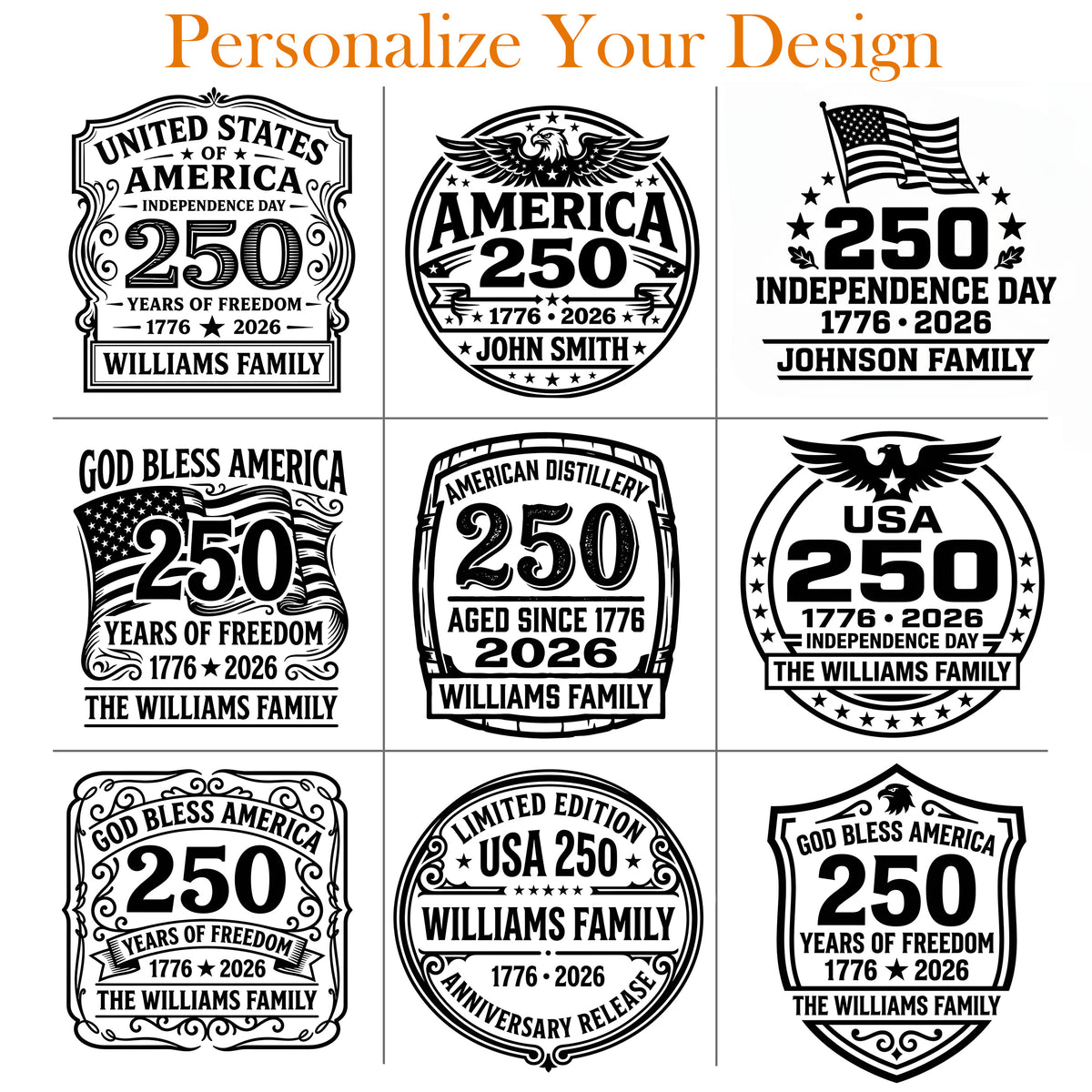 Personalized USA 250th Anniversary Old Fashioned Whiskey Decanter with Optional Matching Glasses product image
