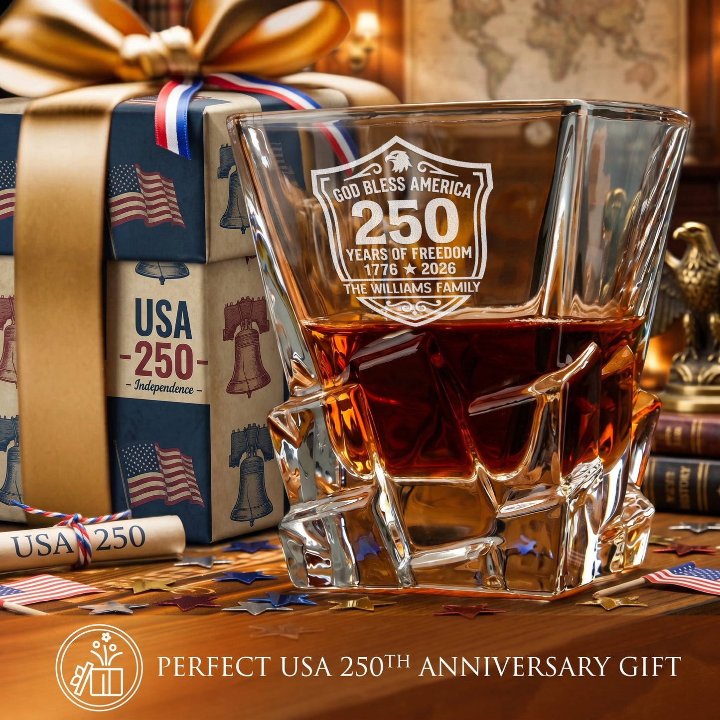 Personalized USA 250th Anniversary Stone Cut Whiskey Glasses — Set of 1, 2, 4 or 6 product image