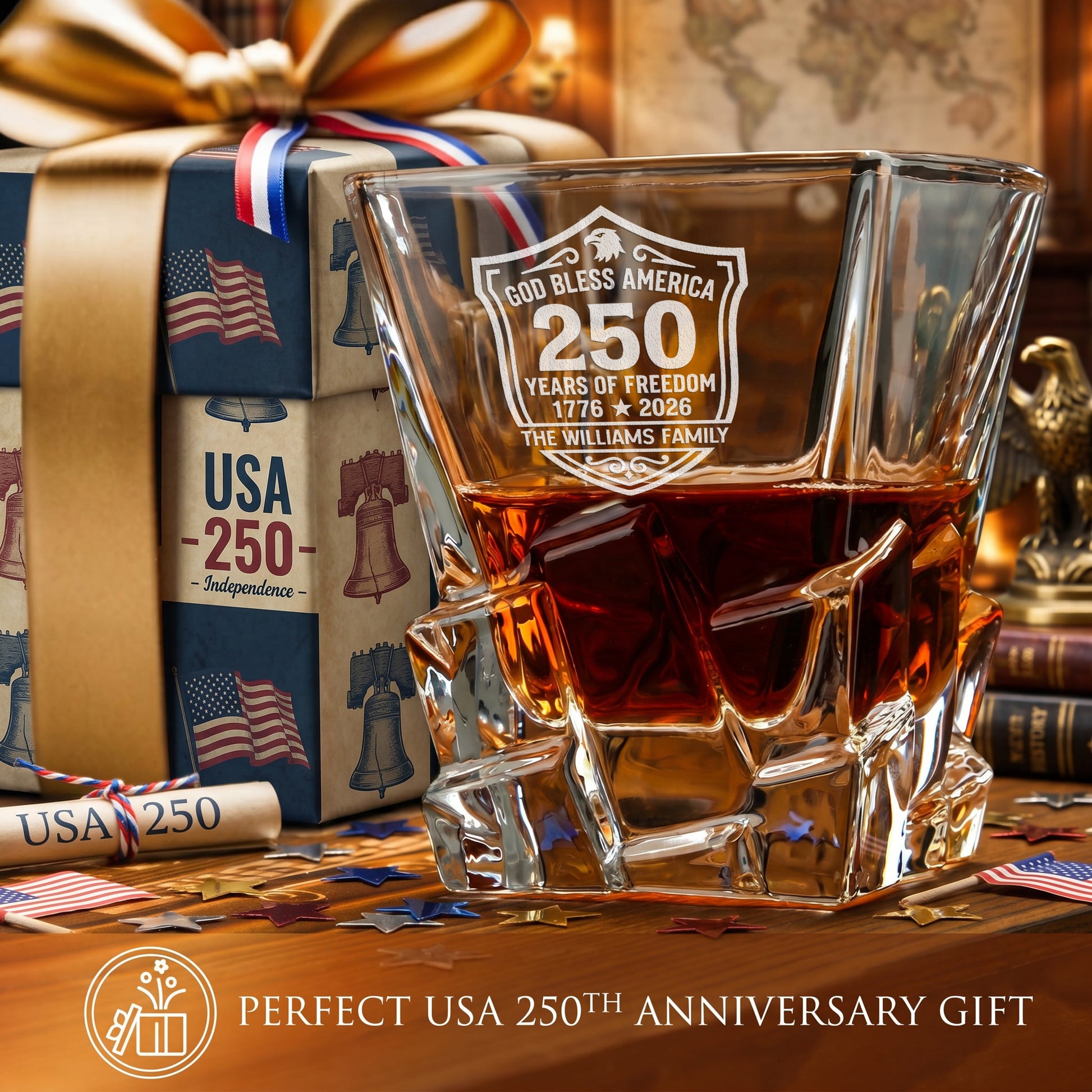 Personalized USA 250th Anniversary Stone Cut Whiskey Glasses — Set of 1, 2, 4 or 6