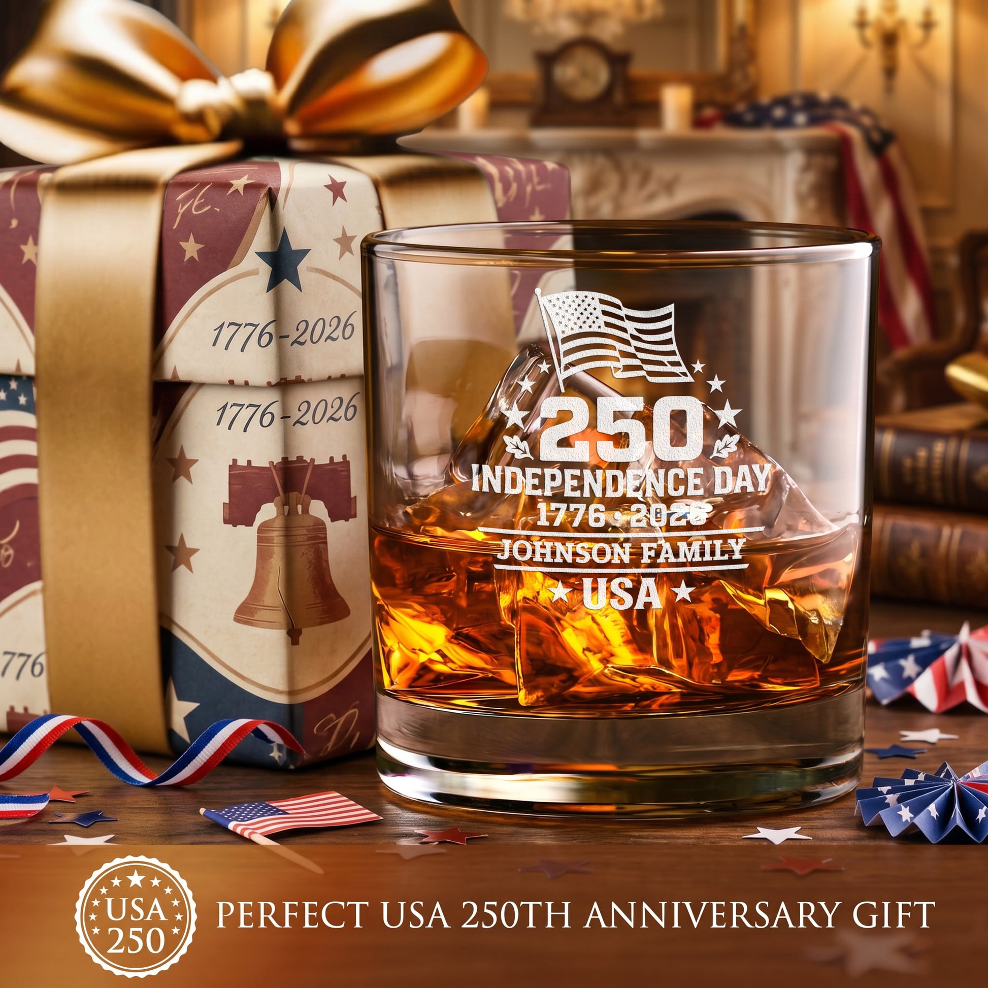 Personalized USA 250th Anniversary Old Fashioned Whiskey Glasses — Set of 1, 2, 4 or 6