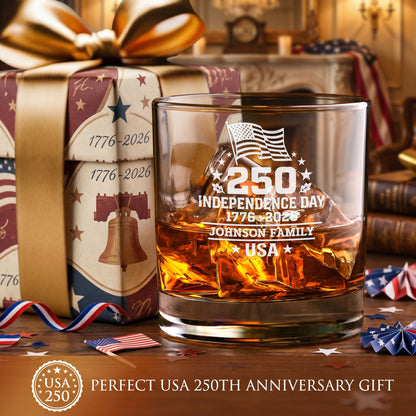 Personalized USA 250th Anniversary Old Fashioned Whiskey Glasses — Set of 1, 2, 4 or 6