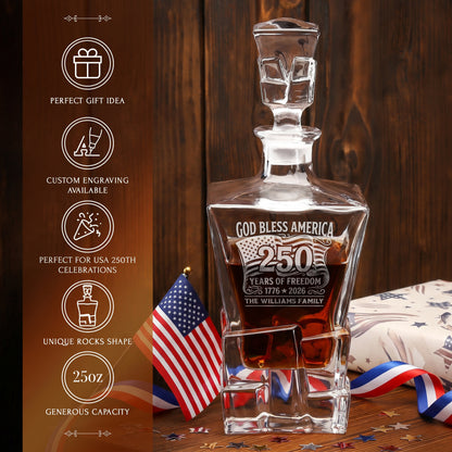 Personalized USA 250th Anniversary Stone Cut Whiskey Decanter with Optional Matching Glasses