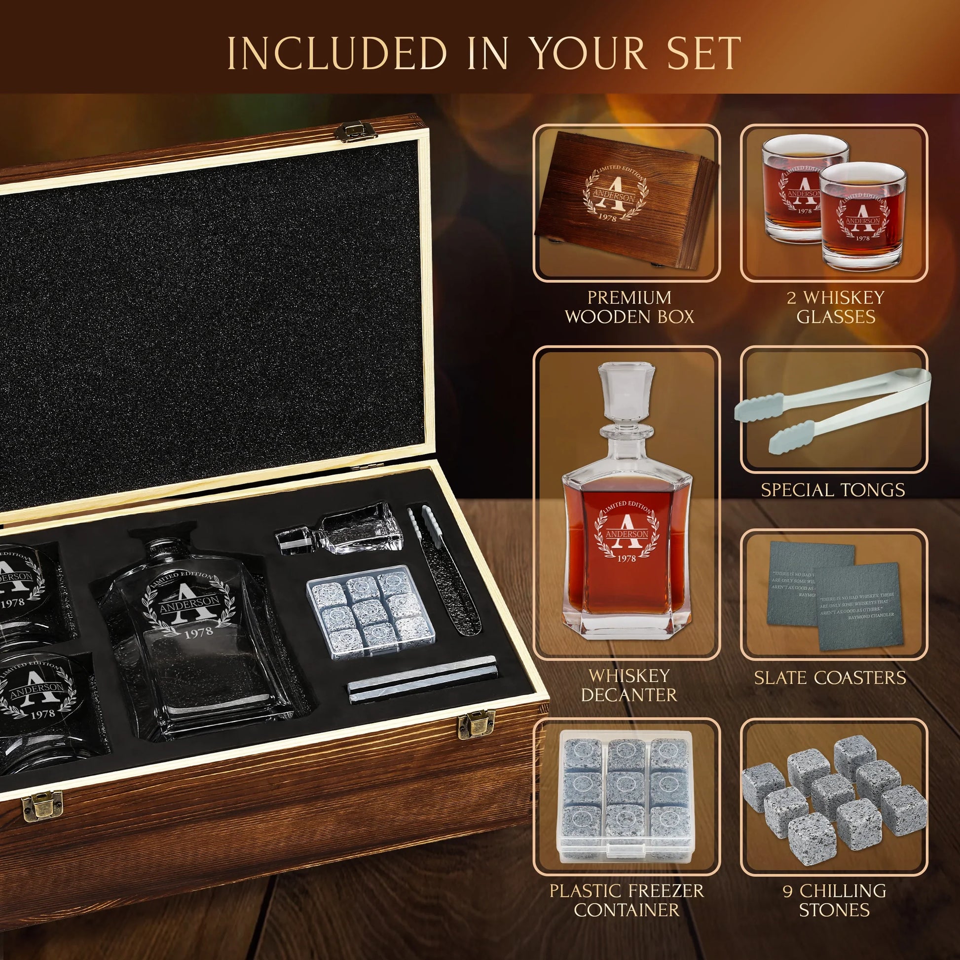 Old Fashioned Frolk Whiskey Gift Set — Decanter, 2 Glasses, Premium Wooden Box