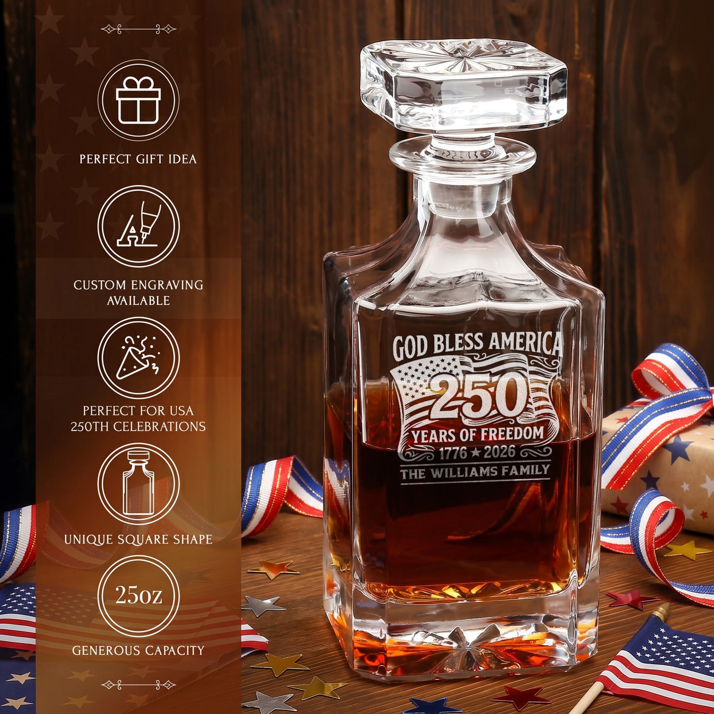 Personalized USA 250th Anniversary Classic Whiskey Decanter with Optional Matching Glasses product image
