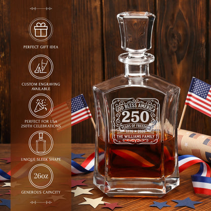 Personalized USA 250th Anniversary Old Fashioned Whiskey Decanter with Optional Matching Glasses