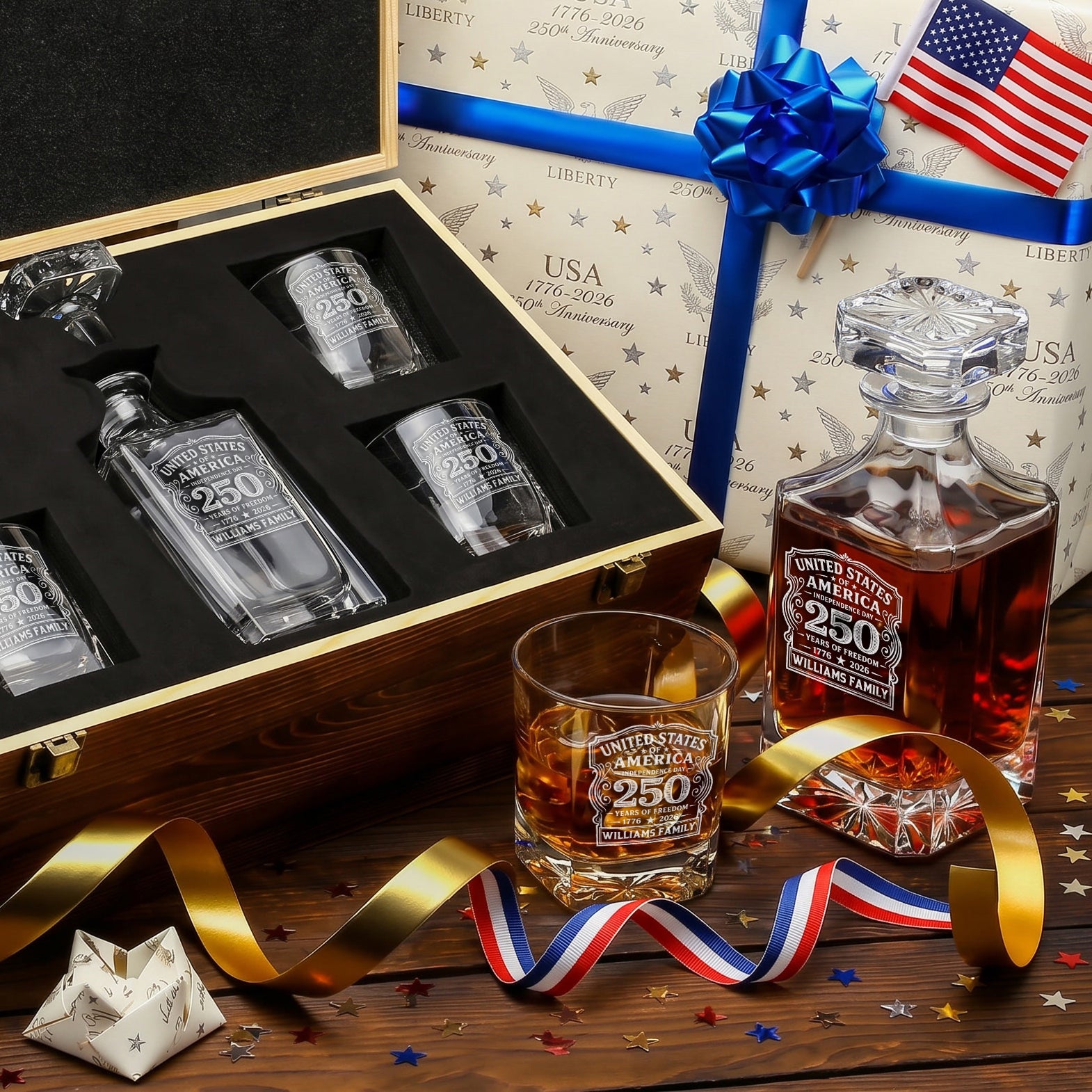 Personalized USA 250th Anniversary Classic Frolk Whiskey Gift Set — Decanter, 4 Glasses, Premium Wooden Box