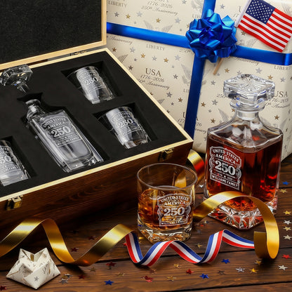 Personalized USA 250th Anniversary Classic Frolk Whiskey Gift Set — Decanter, 4 Glasses, Premium Wooden Box