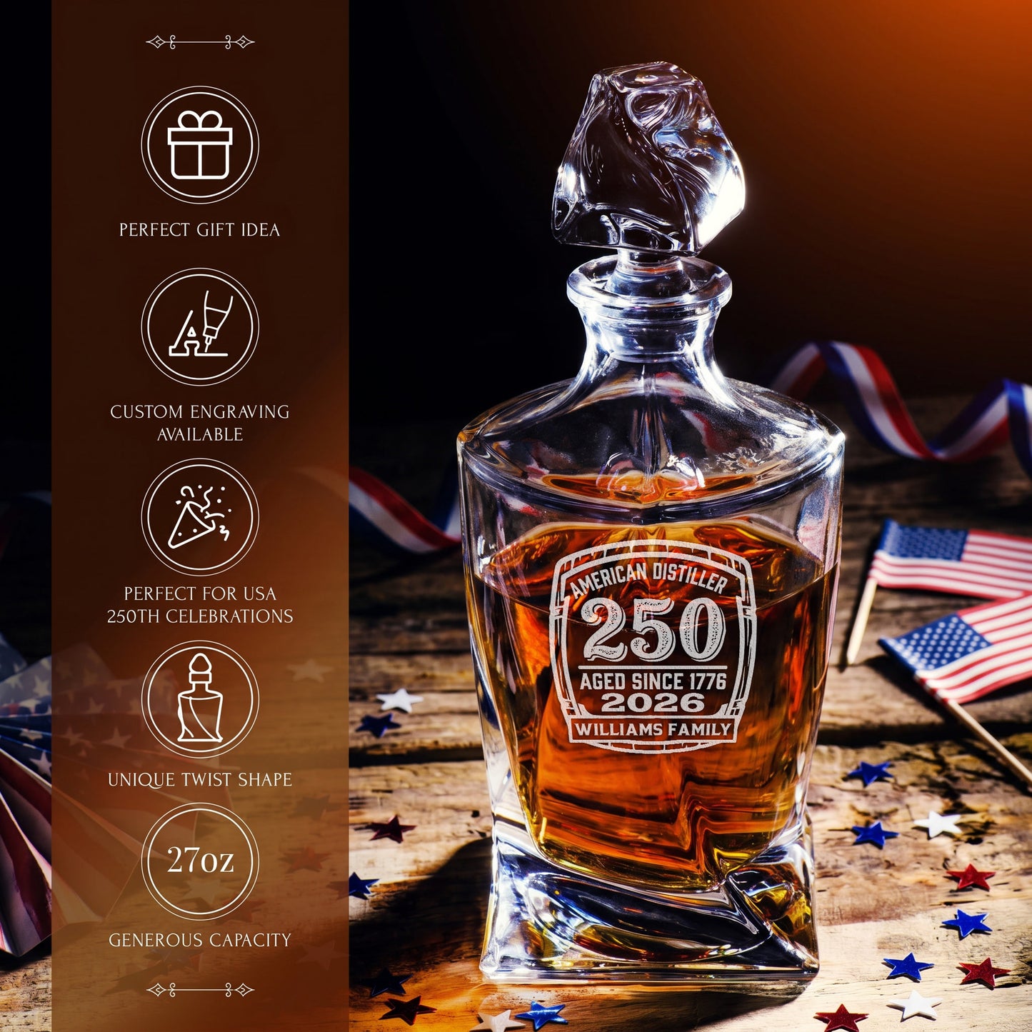 Personalized USA 250th Anniversary Twisted Frolk Whiskey Gift Set — Decanter, 4 Glasses, Premium Wooden Box product image