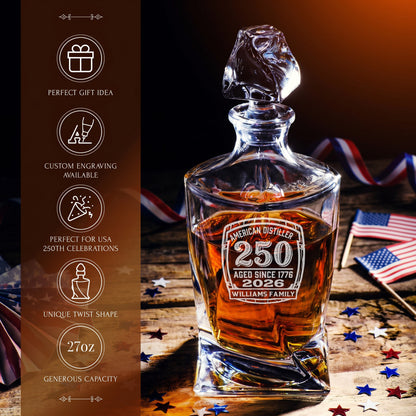 Personalized USA 250th Anniversary Twisted Frolk Whiskey Gift Set — Decanter, 4 Glasses, Premium Wooden Box