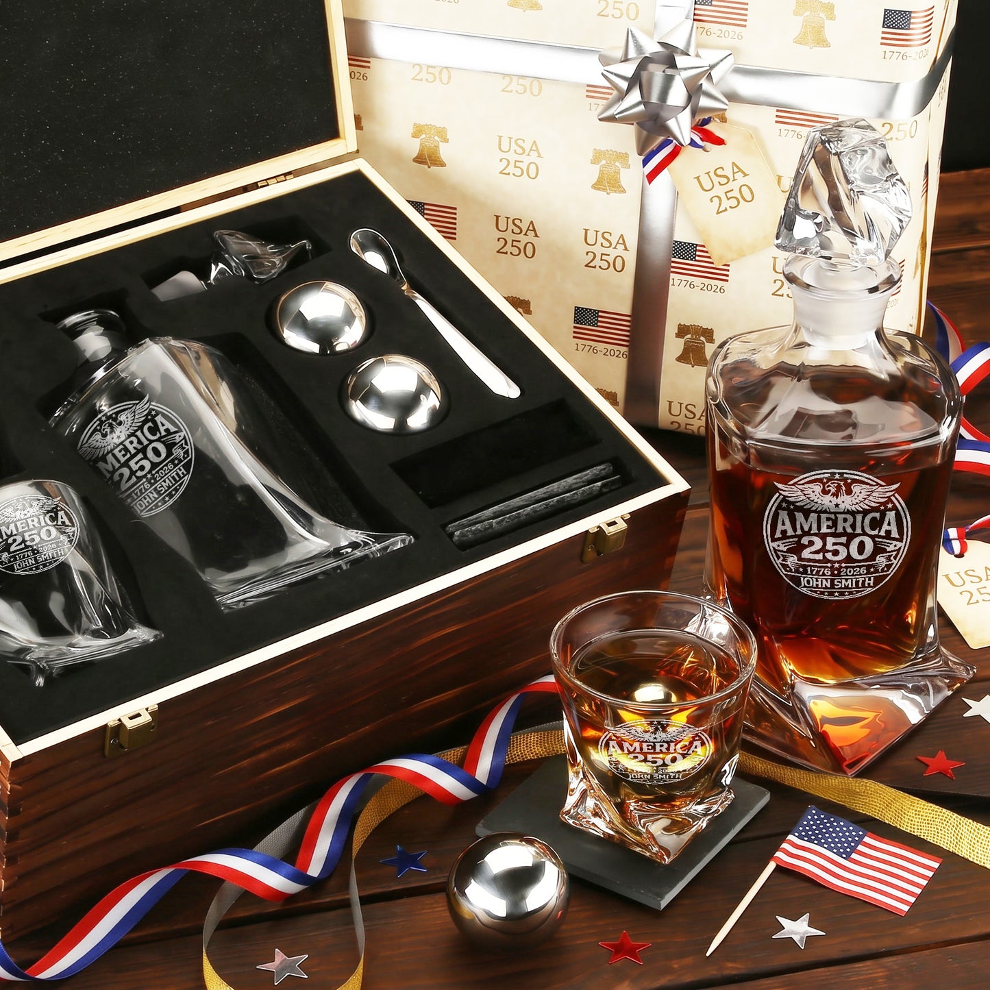 Personalized USA 250th Anniversary Twisted Frolk Whiskey Gift Set — Decanter, 2 Glasses, Premium Wooden Box product image