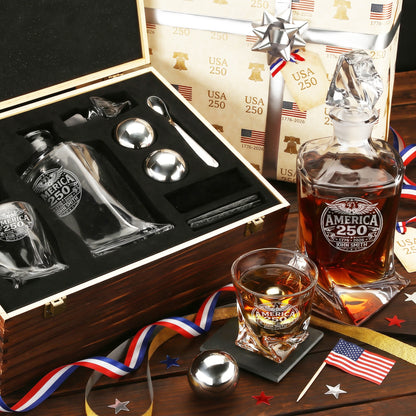 Personalized USA 250th Anniversary Twisted Frolk Whiskey Gift Set — Decanter, 2 Glasses, Premium Wooden Box