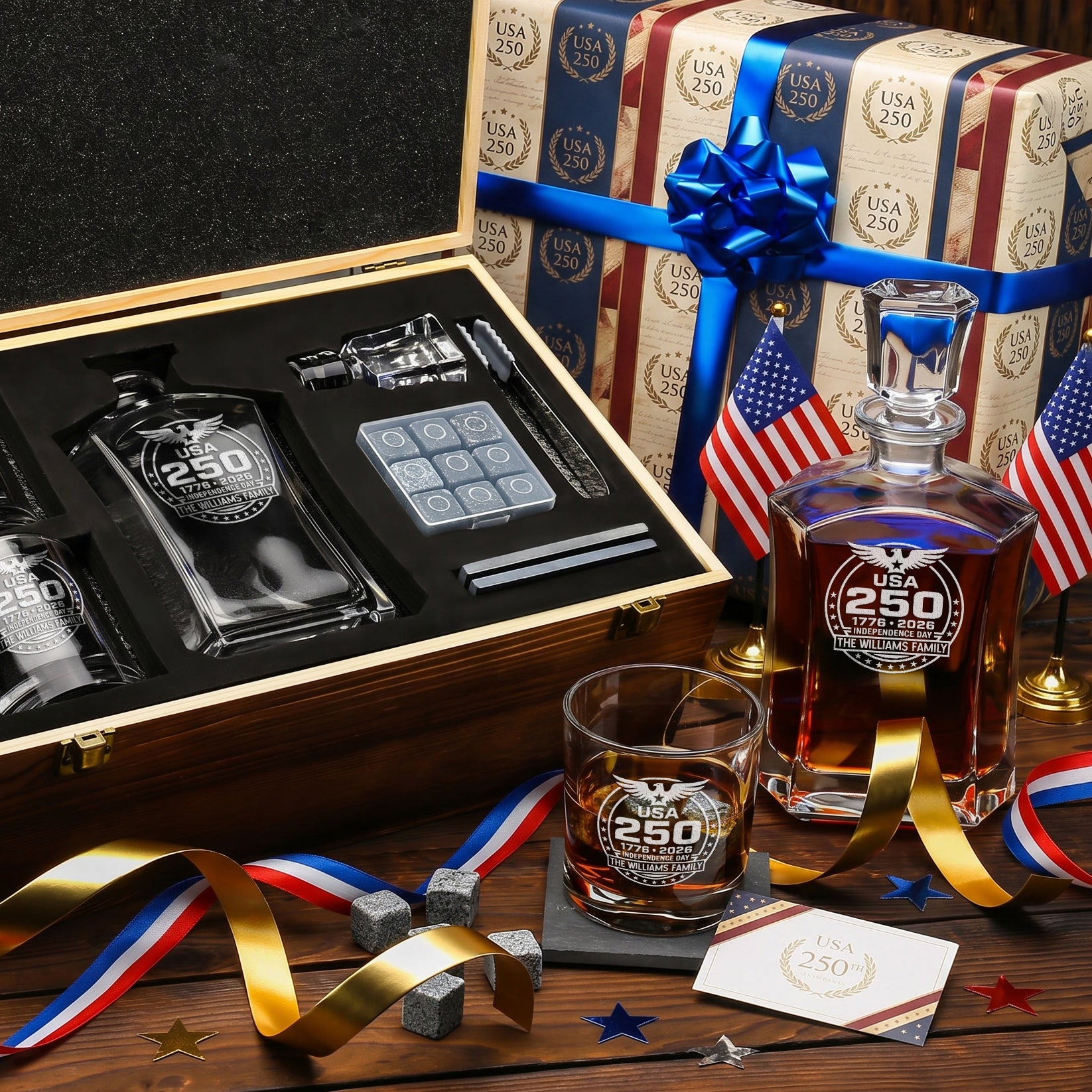 Personalized USA 250th Anniversary Old Fashioned Frolk Whiskey Gift Set — Decanter, 2 Glasses, Premium Wooden Box