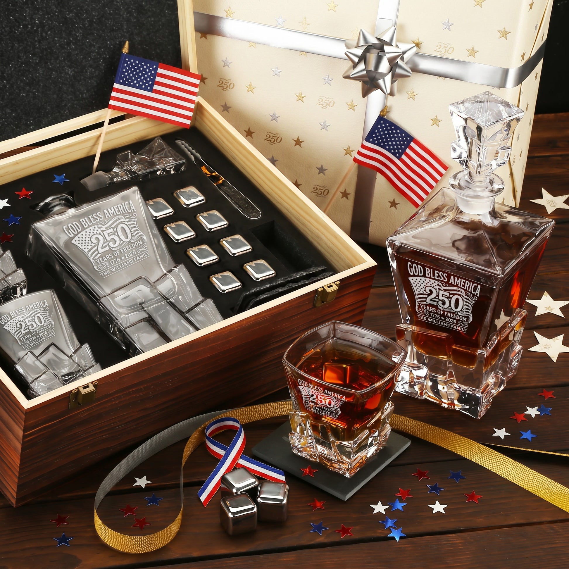 Personalized USA 250th Anniversary Stone Cut Frolk Whiskey Gift Set — Decanter, 2 Glasses, Premium Wooden Box