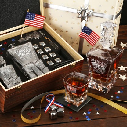 Personalized USA 250th Anniversary Stone Cut Frolk Whiskey Gift Set — Decanter, 2 Glasses, Premium Wooden Box