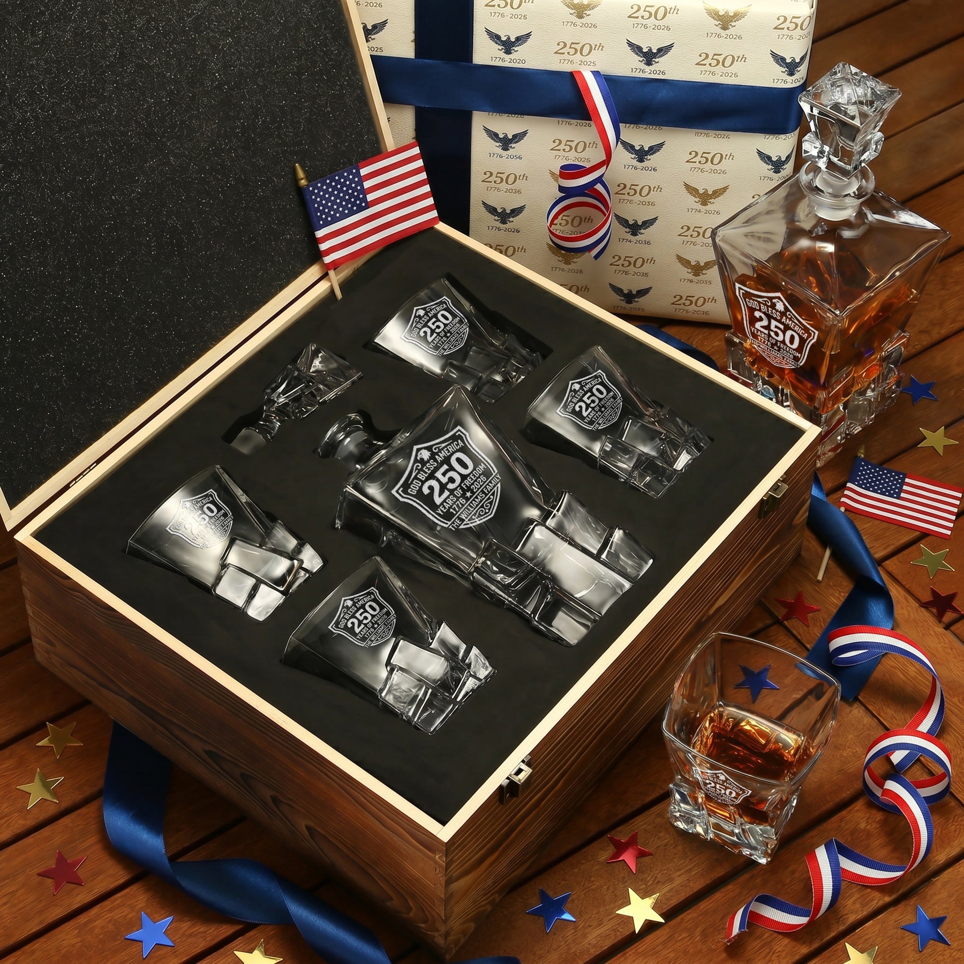 Personalized USA 250th Anniversary Stone Cut Frolk Whiskey Gift Set — Decanter, 4 Glasses, Premium Wooden Box