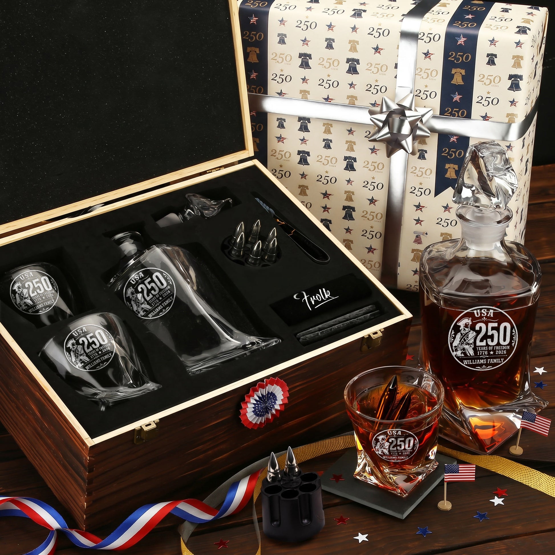 Personalized USA 250th Anniversary Twisted Frolk Whiskey Gift Set — Decanter, 2 Glasses, Premium Wooden Box