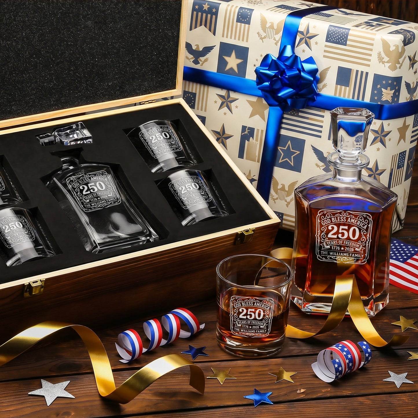 Personalized USA 250th Anniversary Old Fashioned Frolk Whiskey Gift Set — Decanter, 4 Glasses, Premium Wooden Box product image