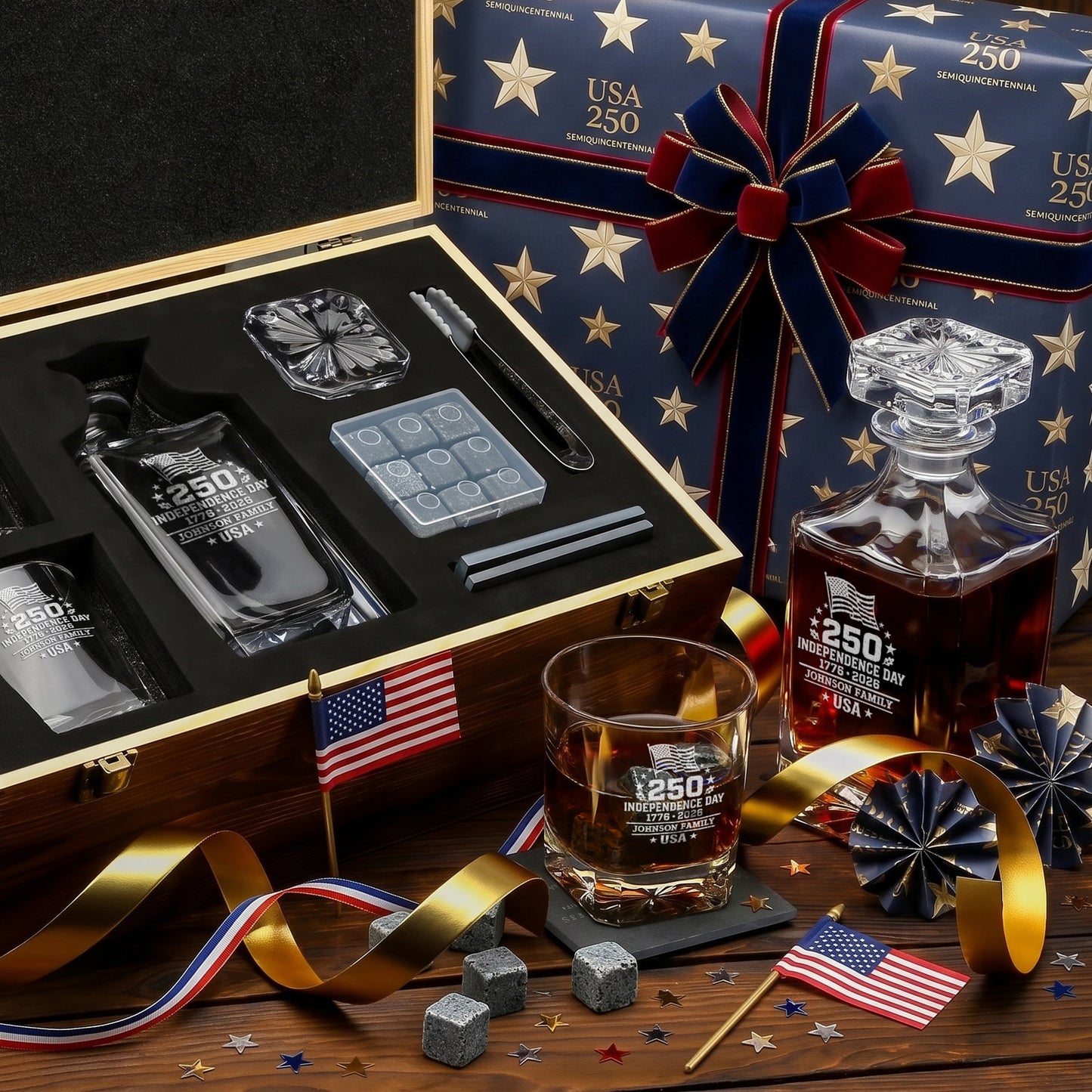 Personalized USA 250th Anniversary Classic Frolk Whiskey Gift Set — Decanter, 2 Glasses, Premium Wooden Box product image