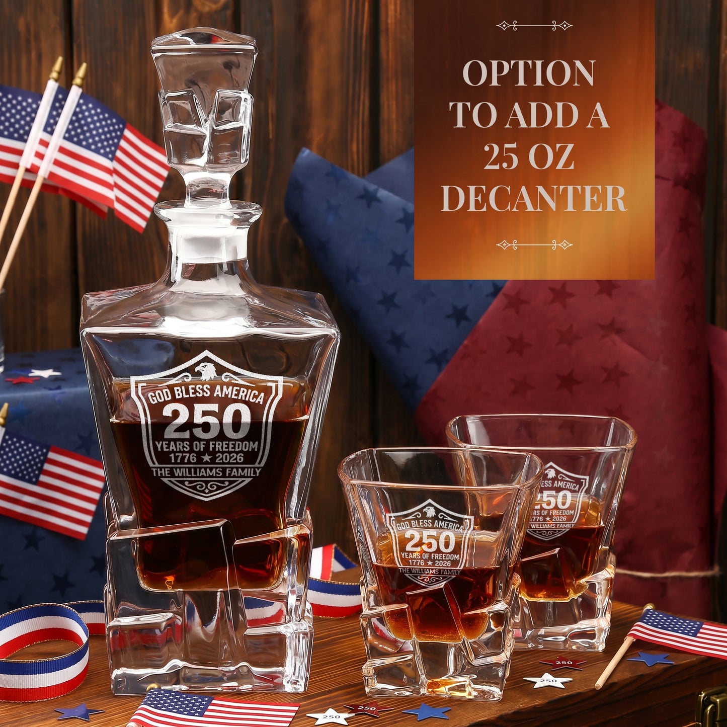 Personalized USA 250th Anniversary Stone Cut Whiskey Glasses — Set of 1, 2, 4 or 6 product image