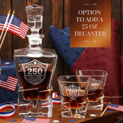 Personalized USA 250th Anniversary Stone Cut Whiskey Glasses — Set of 1, 2, 4 or 6