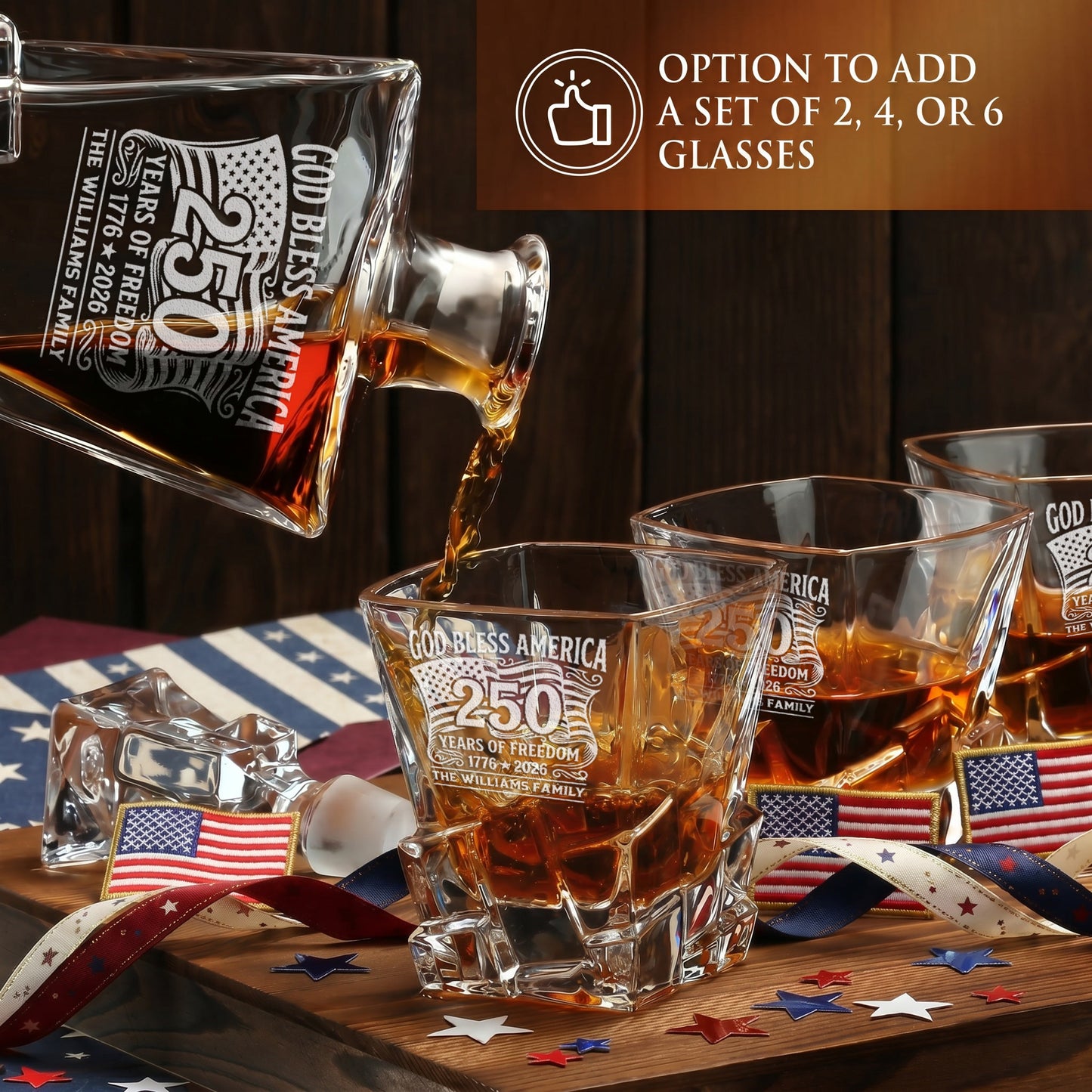 Personalized USA 250th Anniversary Stone Cut Whiskey Decanter with Optional Matching Glasses product image