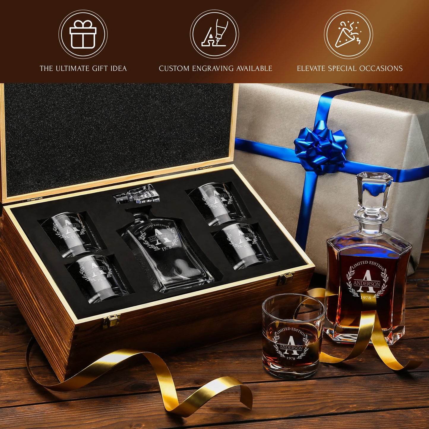 Old Fashioned Frolk Whiskey Gift Set — Decanter, 4 Glasses, Premium Wooden Box product image