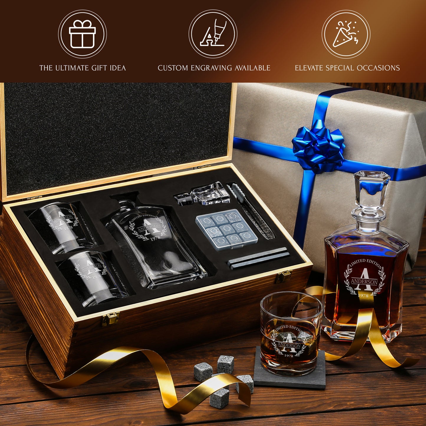 Old Fashioned Frolk Whiskey Gift Set — Decanter, 2 Glasses, Premium Wooden Box product image