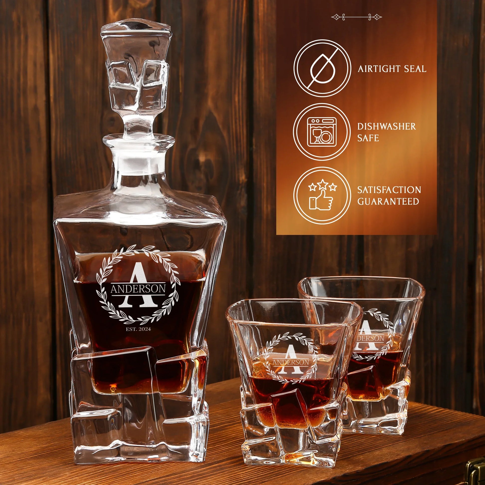 Stone Cut Frolk Whiskey Gift Set — Decanter, 2 Glasses, Premium Wooden Box