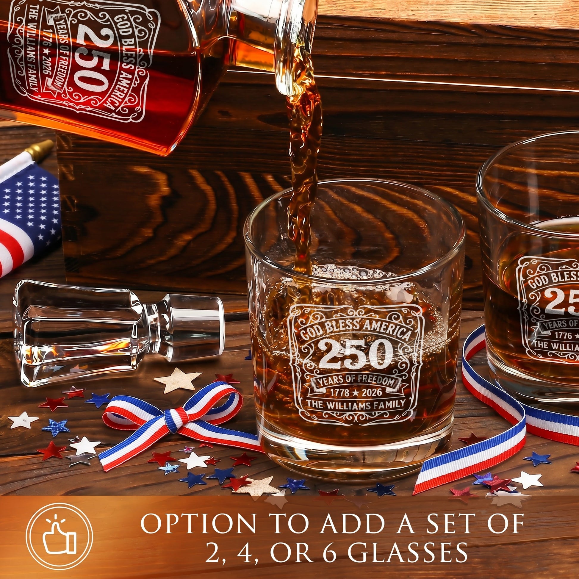 Personalized USA 250th Anniversary Old Fashioned Whiskey Decanter with Optional Matching Glasses