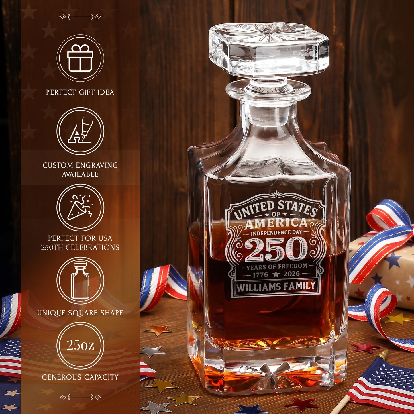 Personalized USA 250th Anniversary Classic Frolk Whiskey Gift Set — Decanter, 4 Glasses, Premium Wooden Box product image