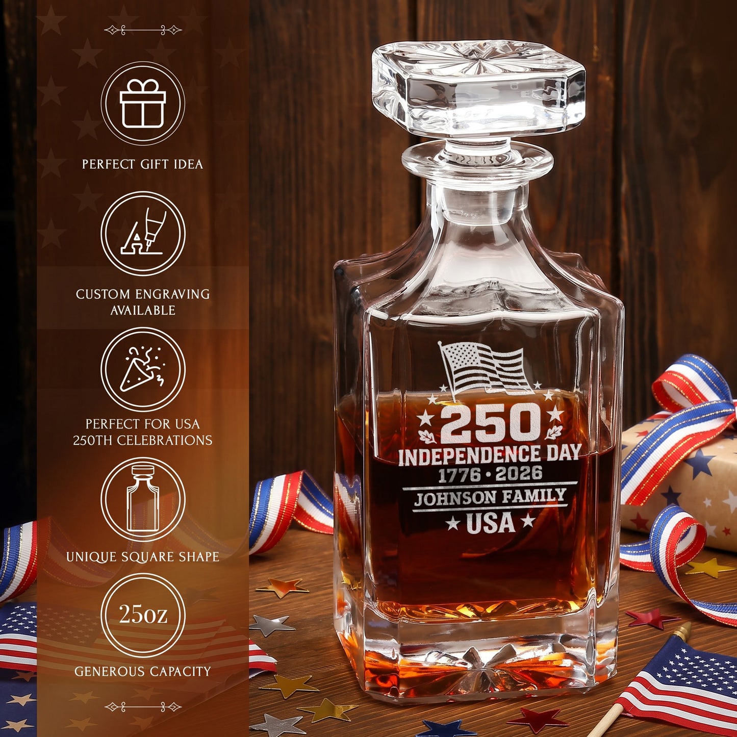 Personalized USA 250th Anniversary Classic Frolk Whiskey Gift Set — Decanter, 2 Glasses, Premium Wooden Box product image