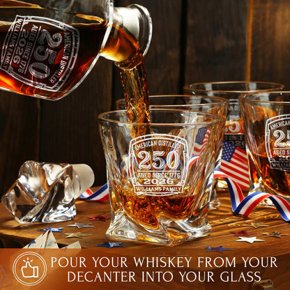 Personalized USA 250th Anniversary Twisted Frolk Whiskey Gift Set — Decanter, 4 Glasses, Premium Wooden Box